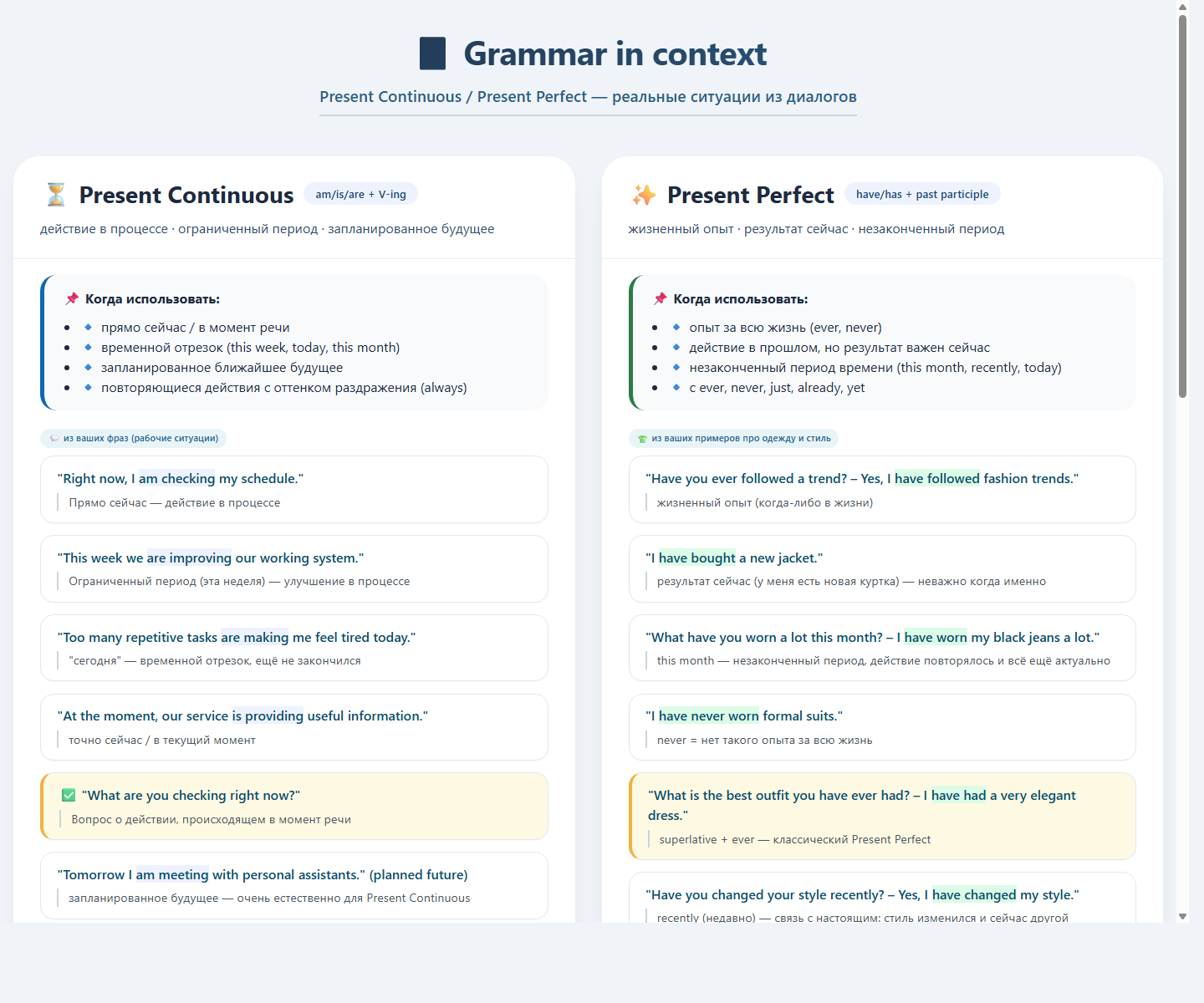 Скриншот первой HTML-страницы Grammar - Present Continuous and Present Perfect