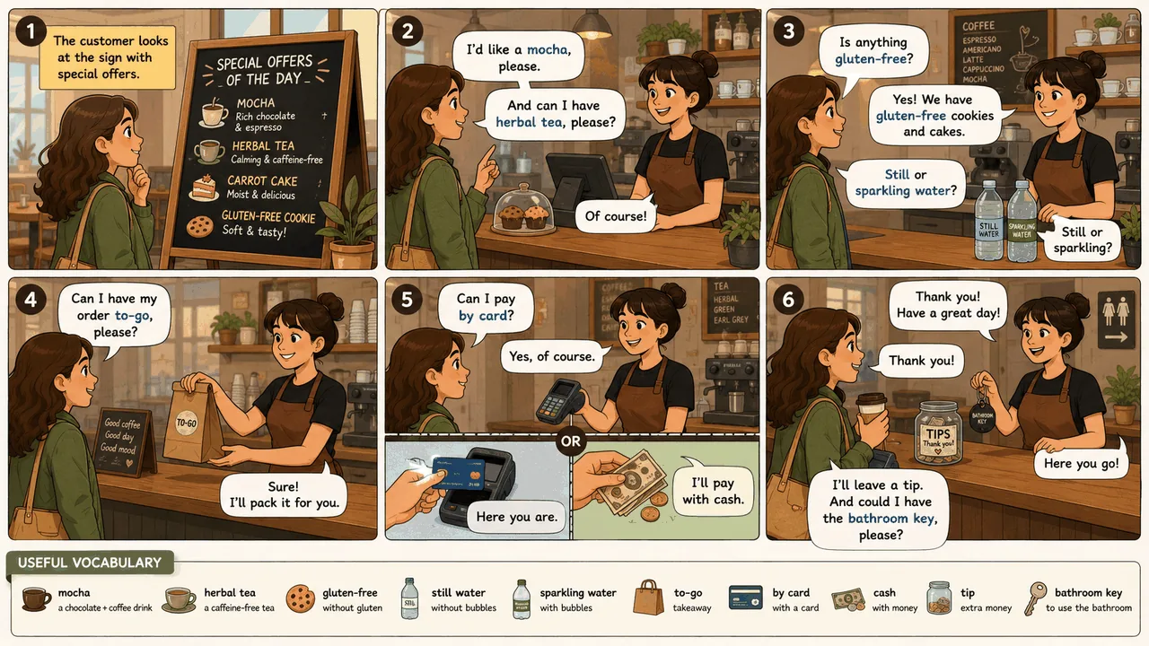 6-frame café comic strip: ordering mocha, herbal tea, gluten-free, water, paying by card or cash, leaving a tip, asking for bathroom key