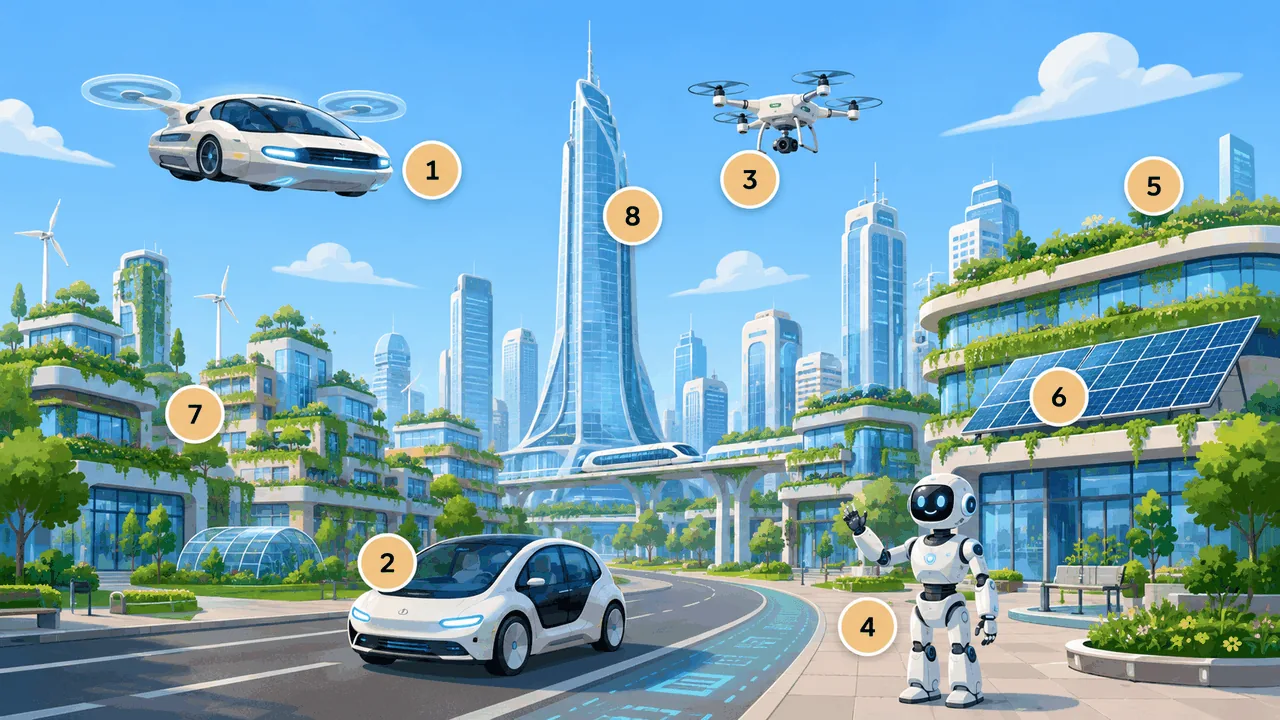 Future city map with 8 numbered places