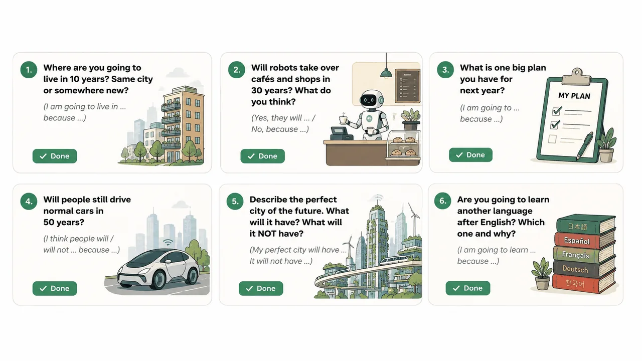 6-frame comic strip showing the questions for the final round about the future