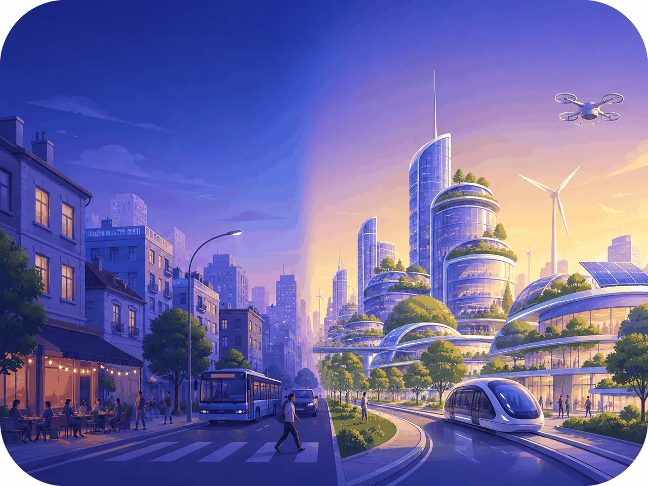 My city today and 50 years from now — split scene of a contemporary European street and a futuristic city with green skyscrapers