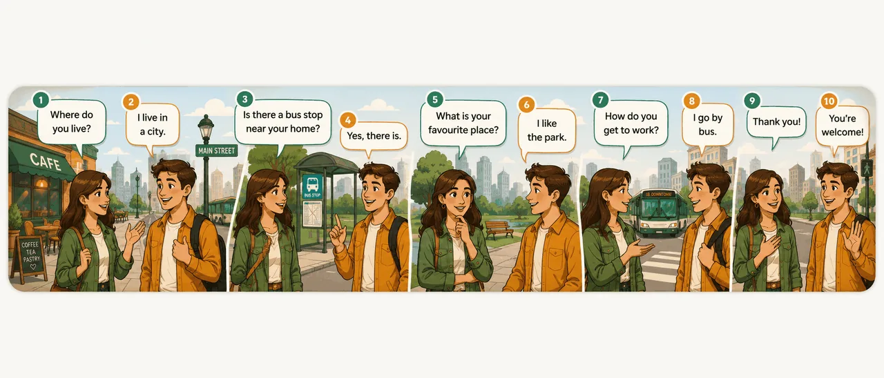 A 10-frame comic strip of two friends taking turns asking and answering questions on a city street