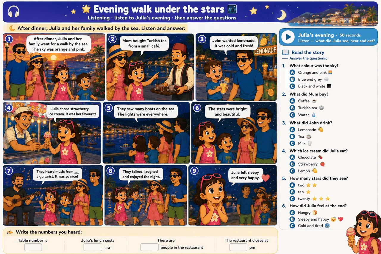 Evening walk under the stars — listening comic with 6 comprehension questions