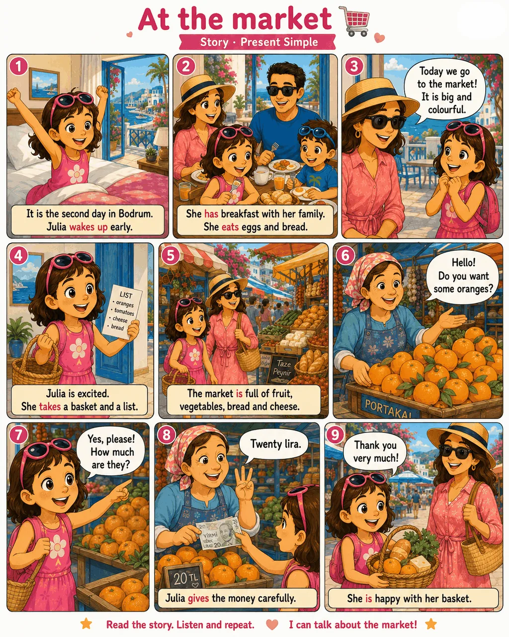 Julia at the market — 9 panels comic, Present Simple story