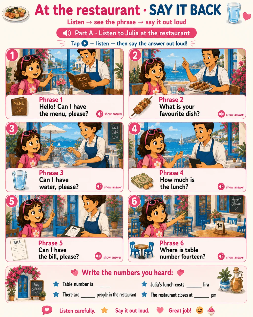 At the restaurant — 6 phrases Say-It-Back comic + write the numbers