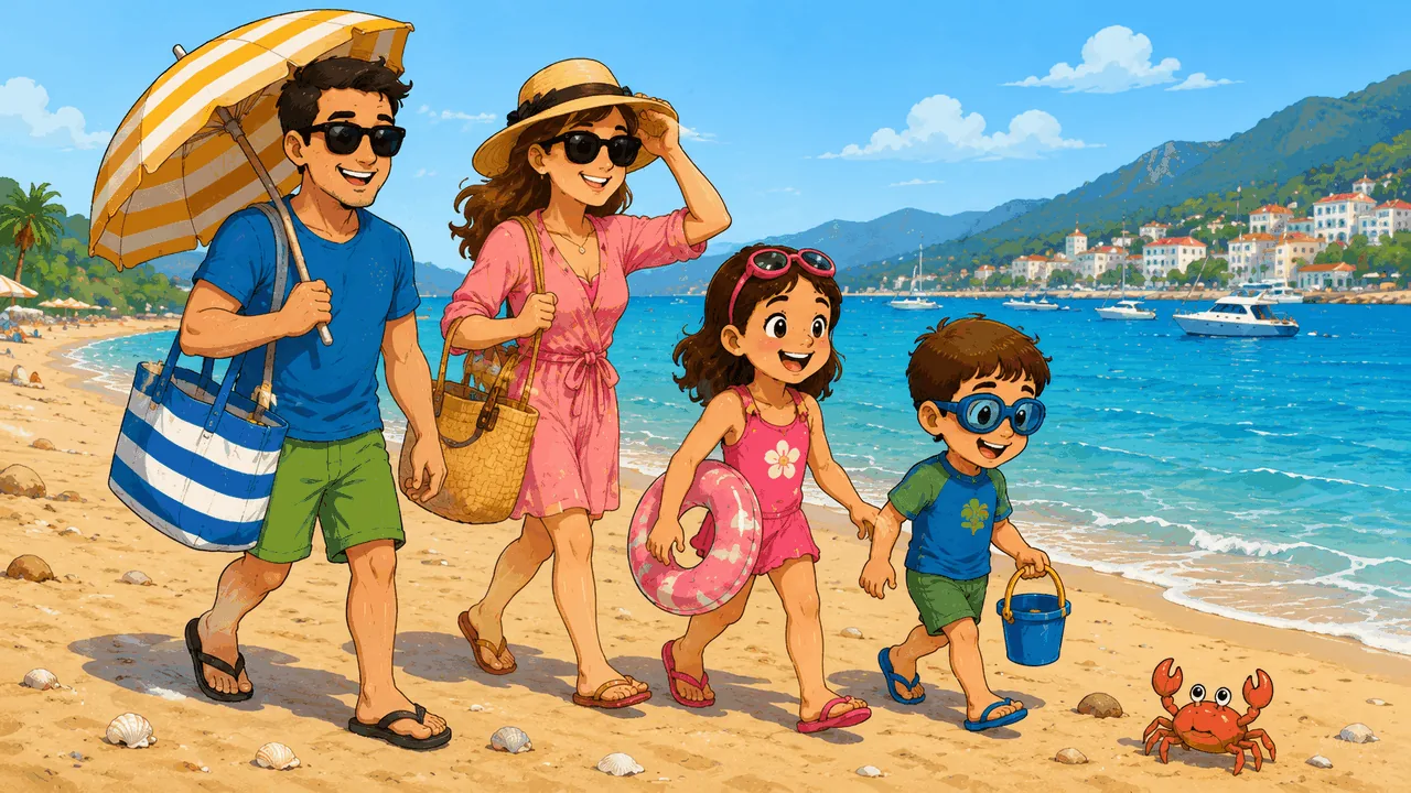 Julia and her family walking on the beach in Bodrum