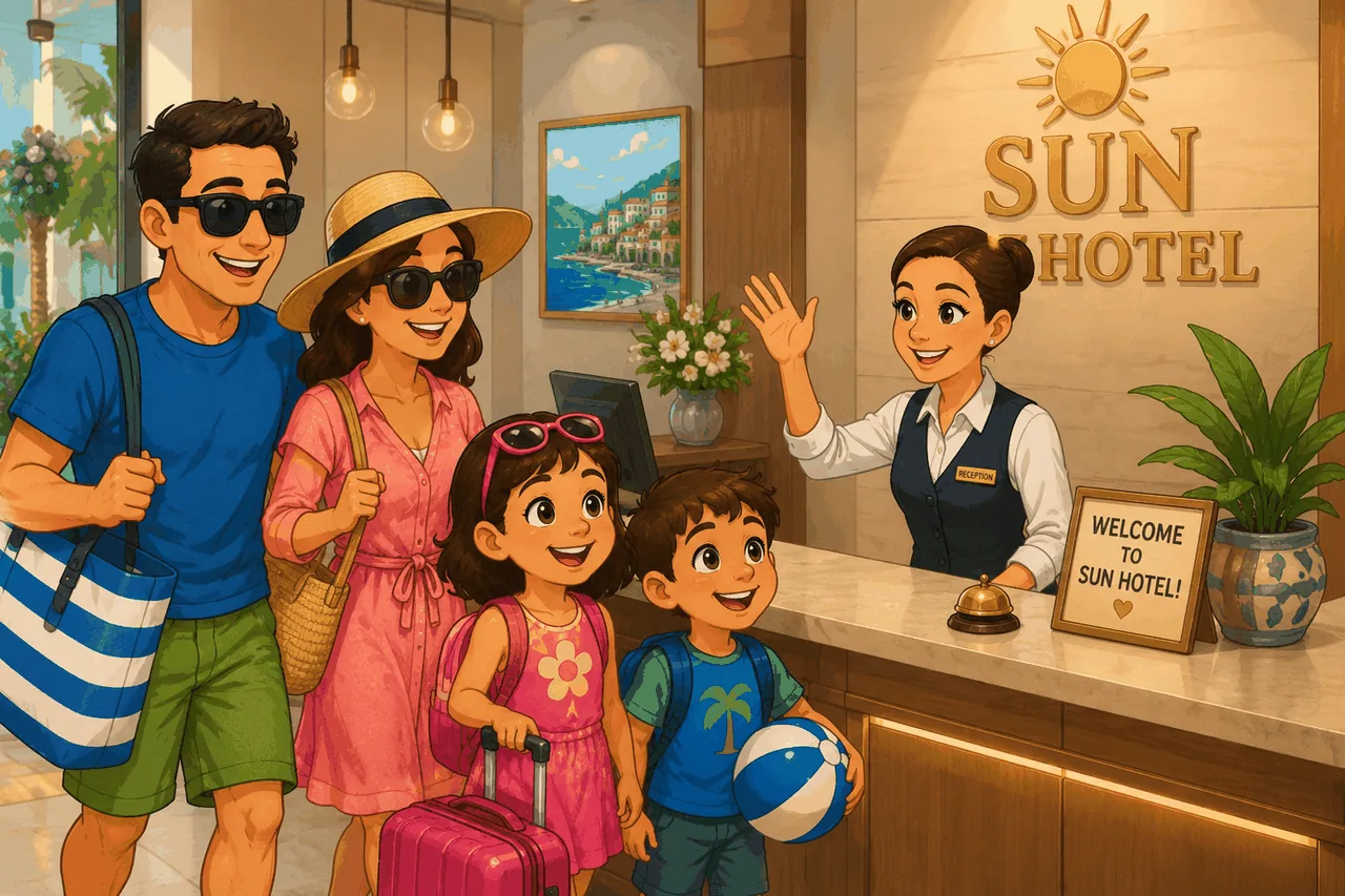 Family at Sun Hotel reception in Bodrum