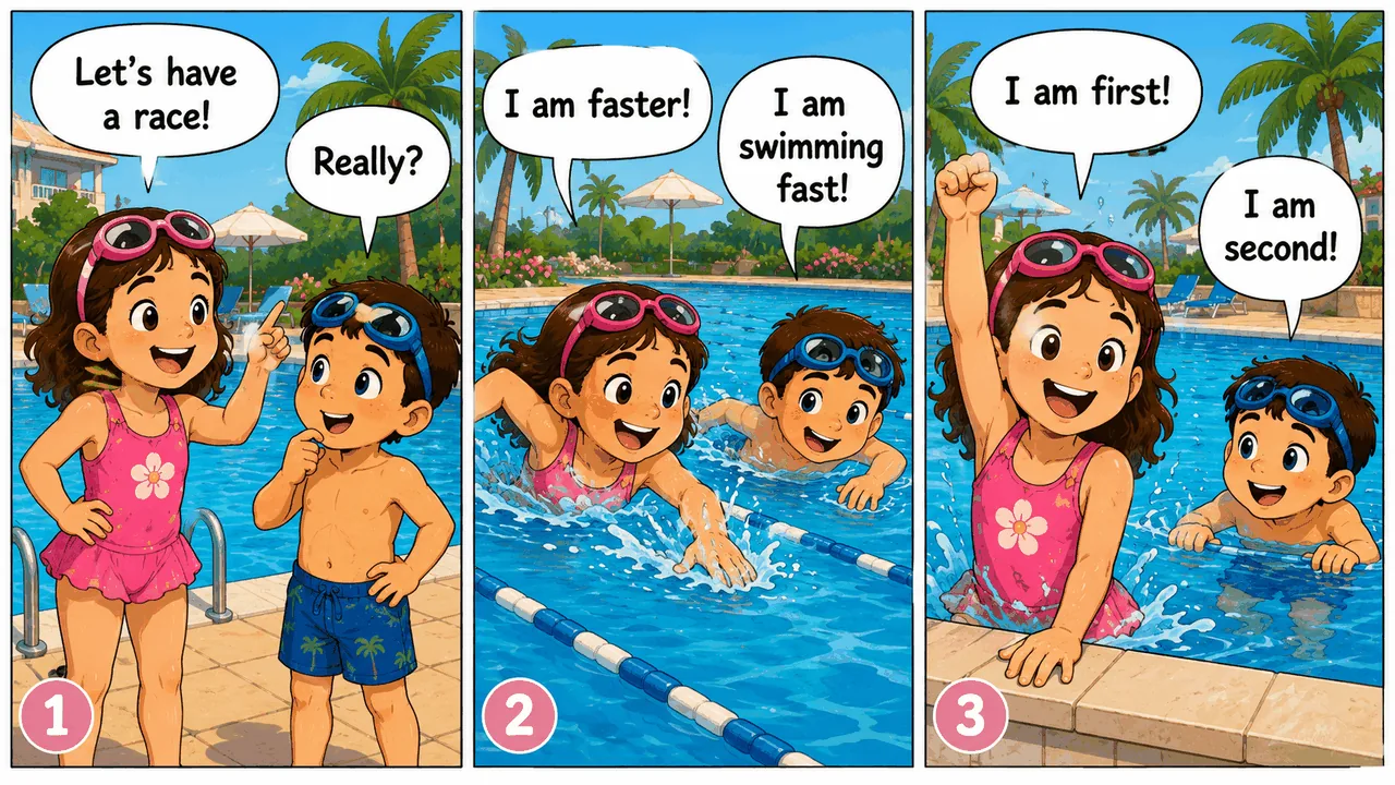 Pool race comic in three panels