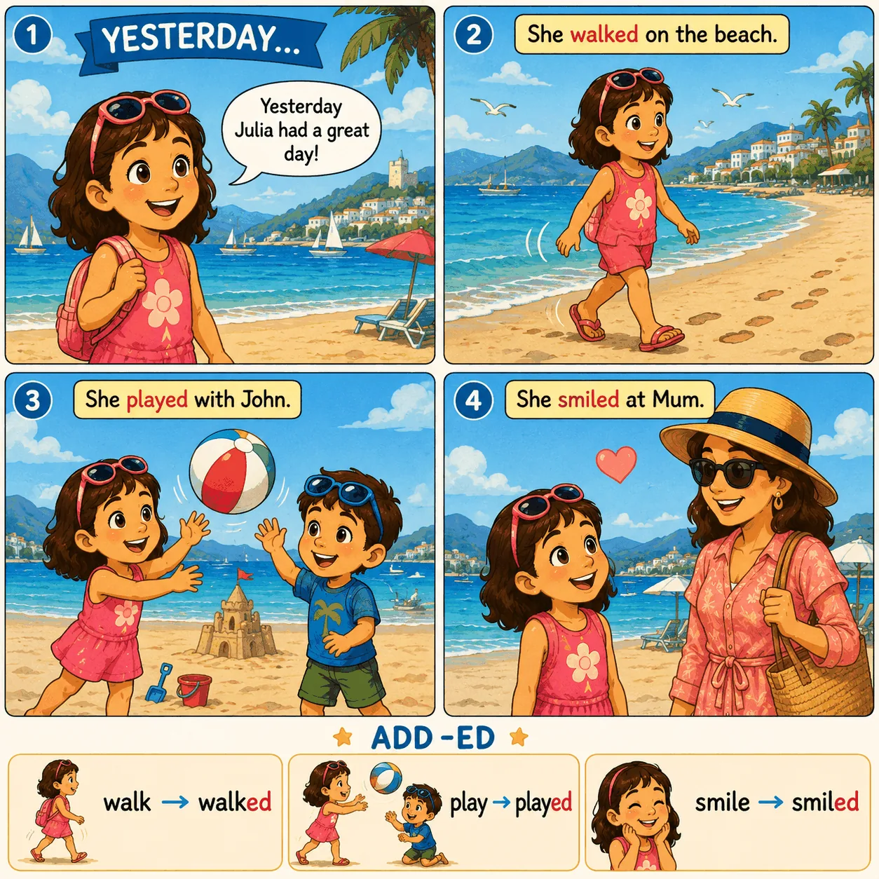 Julia walked, played and smiled — add -ed comic