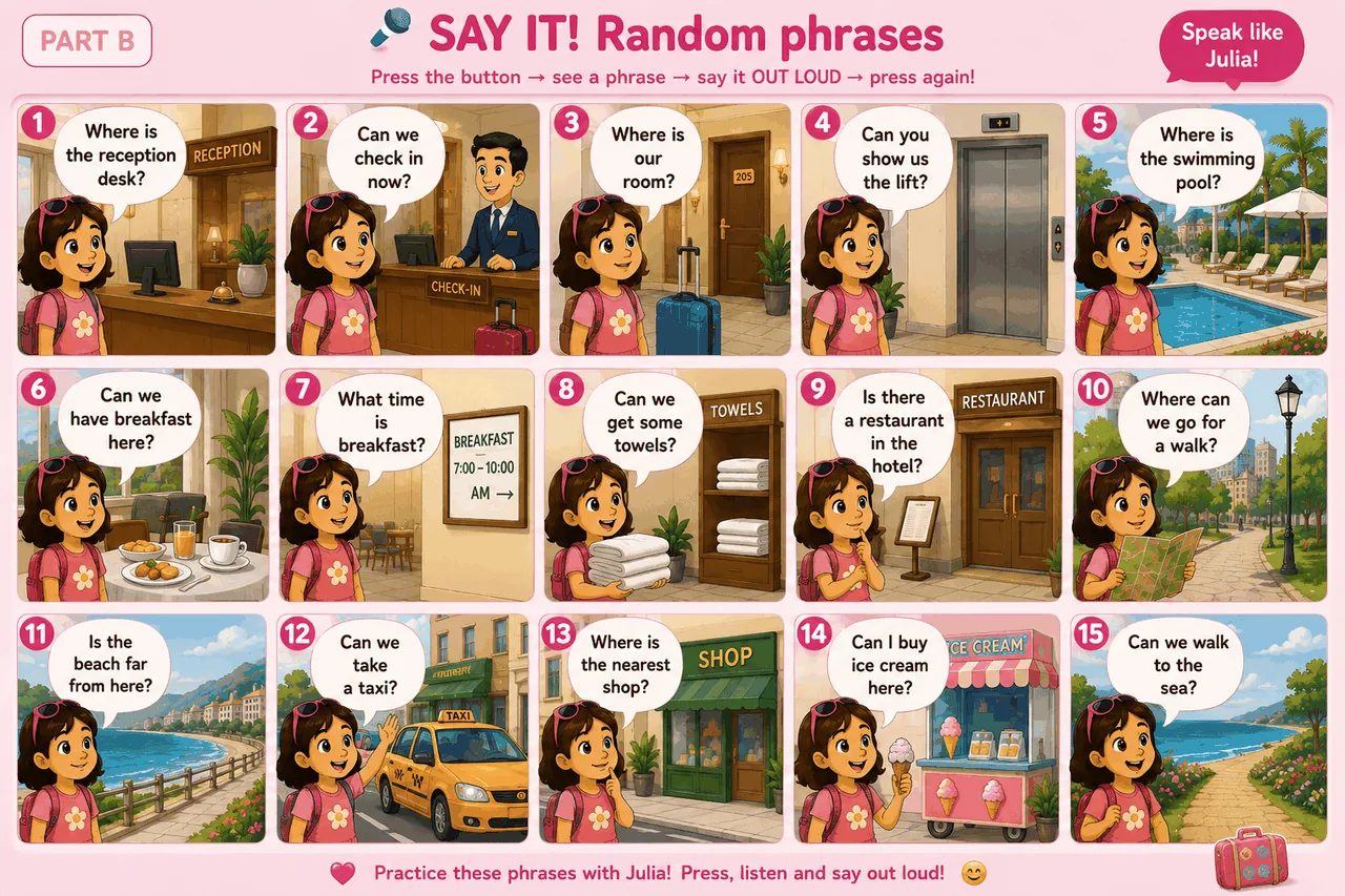 15 colourful panels of Julia saying random hotel and travel phrases in Bodrum — Part B comic