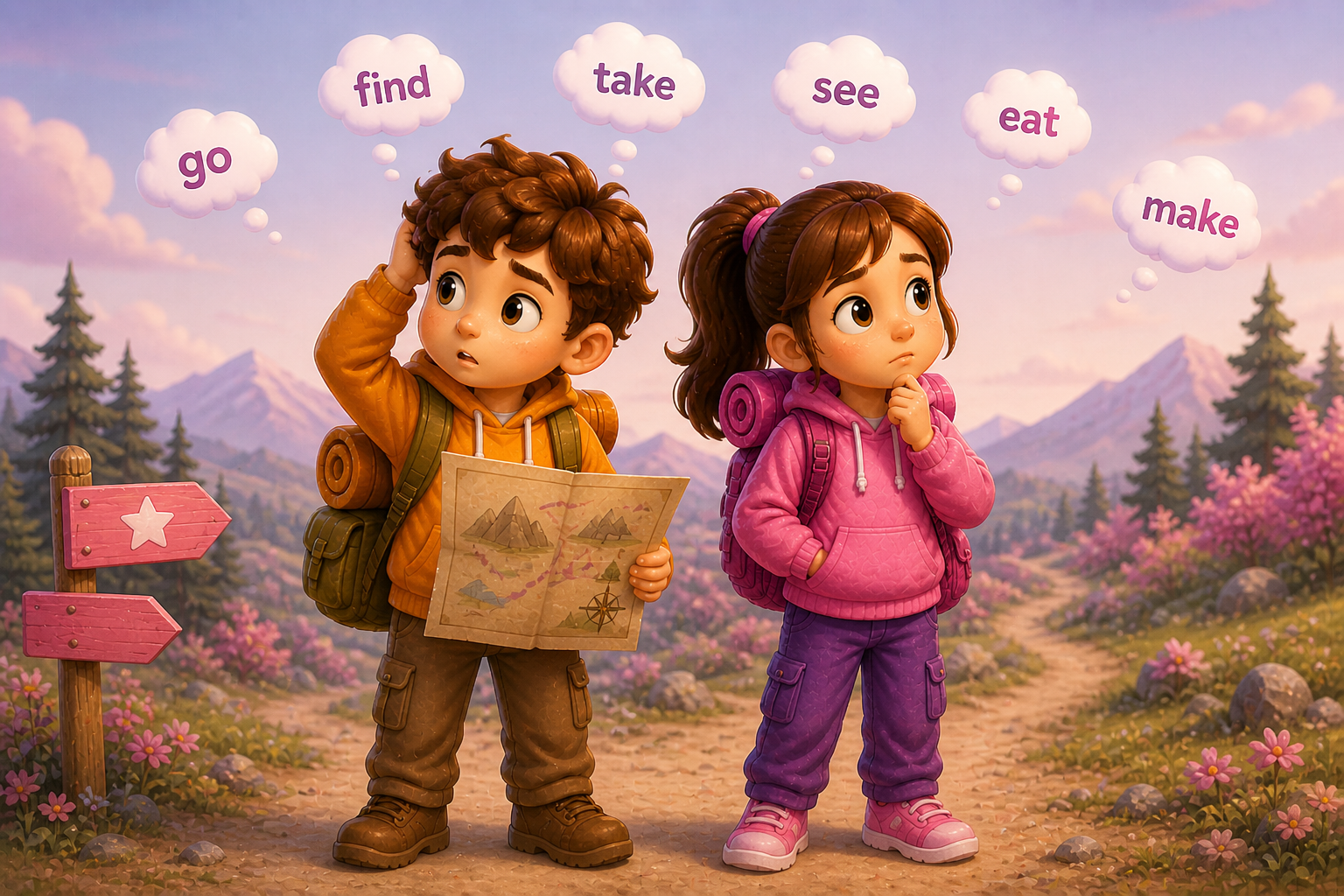 Tom and Sally think about irregular verbs: go, find, take, see, eat, make