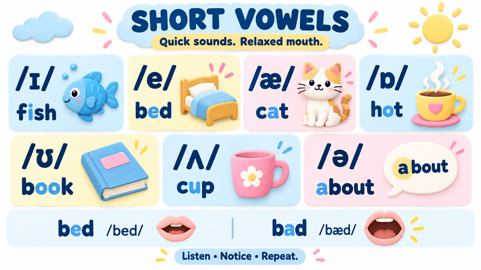 Short vowels overview: fish, bed, cat, hot, book, cup, about