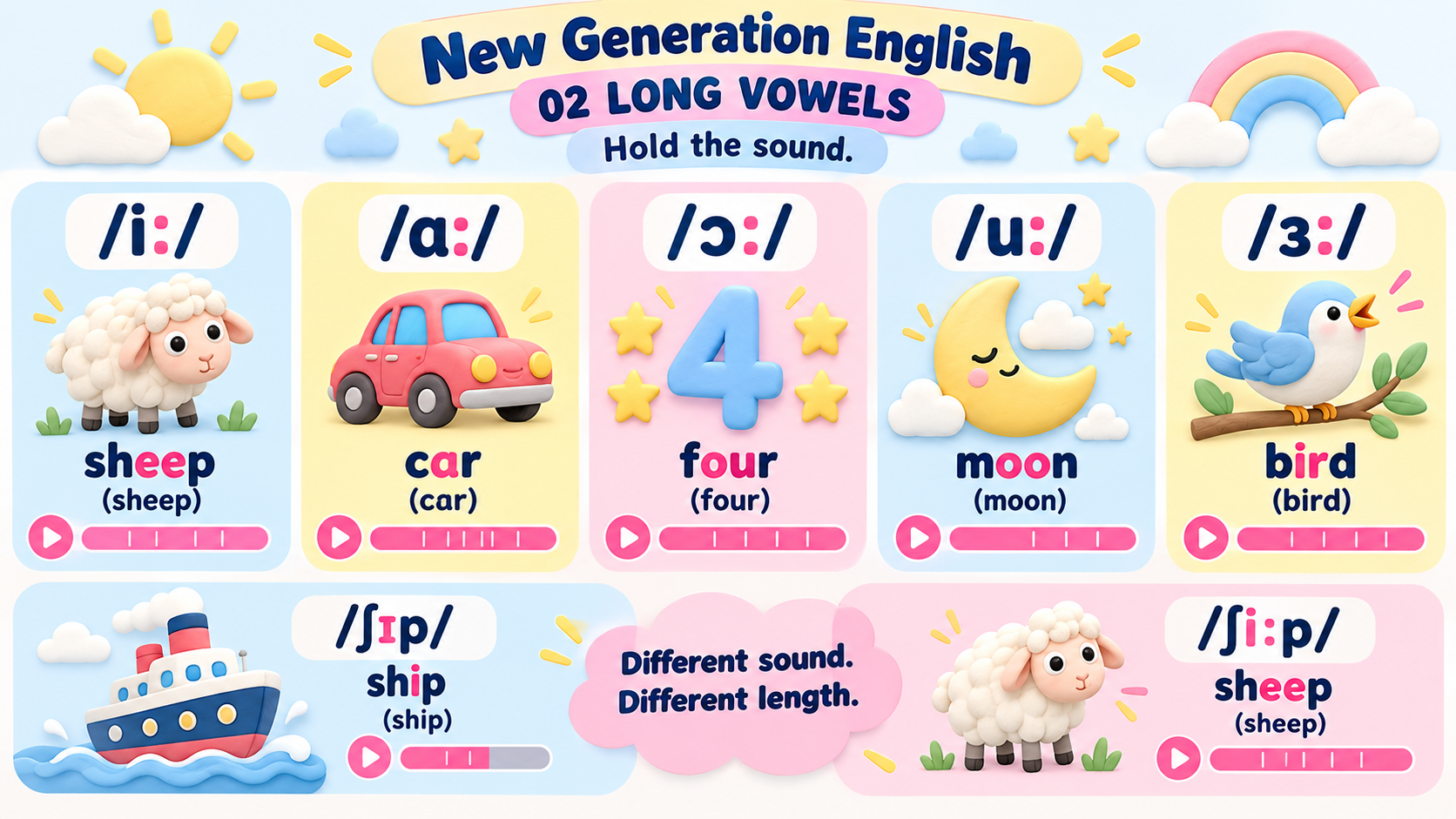 Long vowels overview: sheep, car, four, moon, bird — ship vs sheep pair