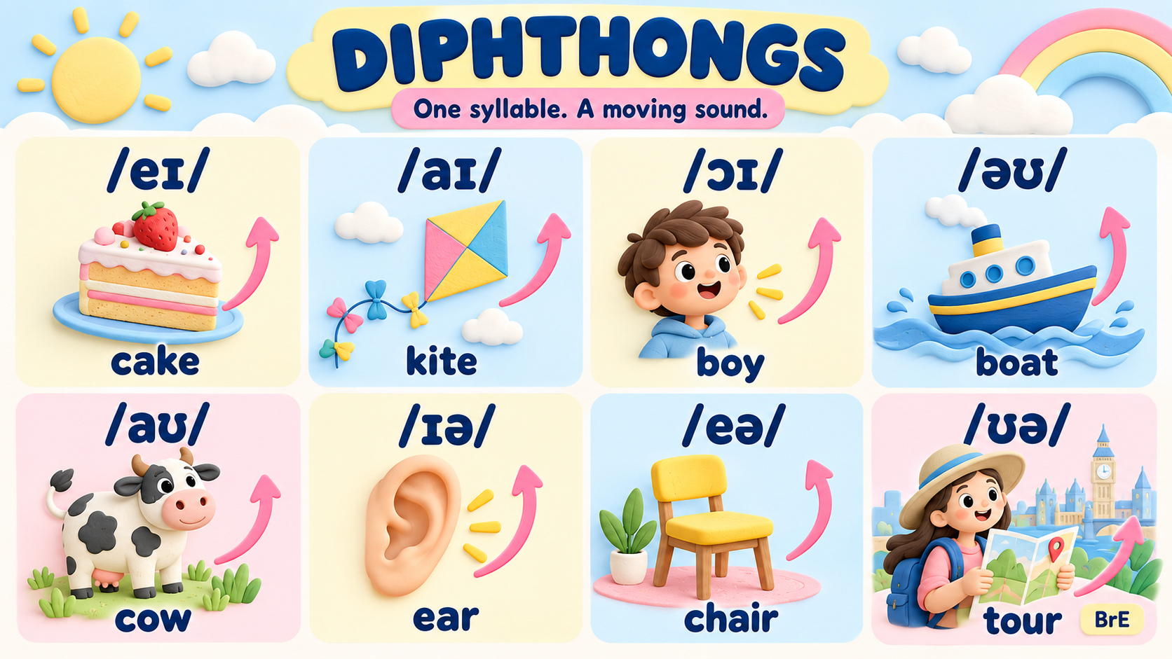 8 diphthongs: cake, kite, boy, boat, cow, ear, chair, tour