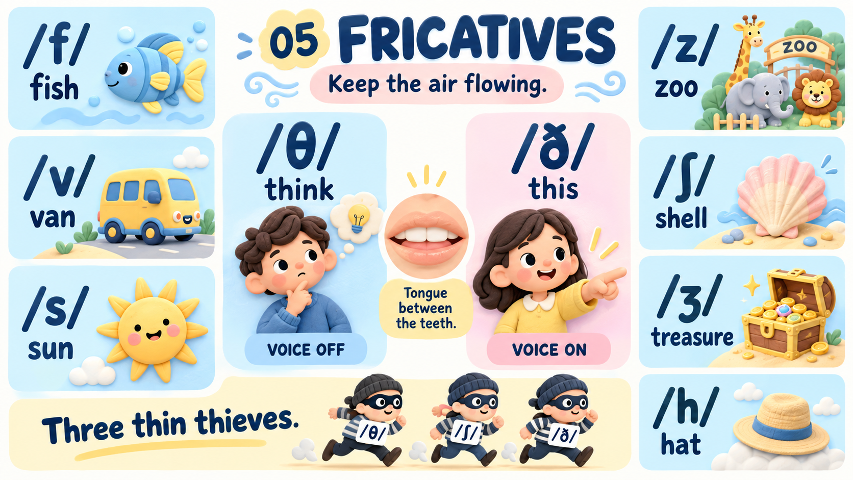 Fricatives: /f v θ ð s z ʃ ʒ h/ · think-this tongue between teeth · Three thin thieves