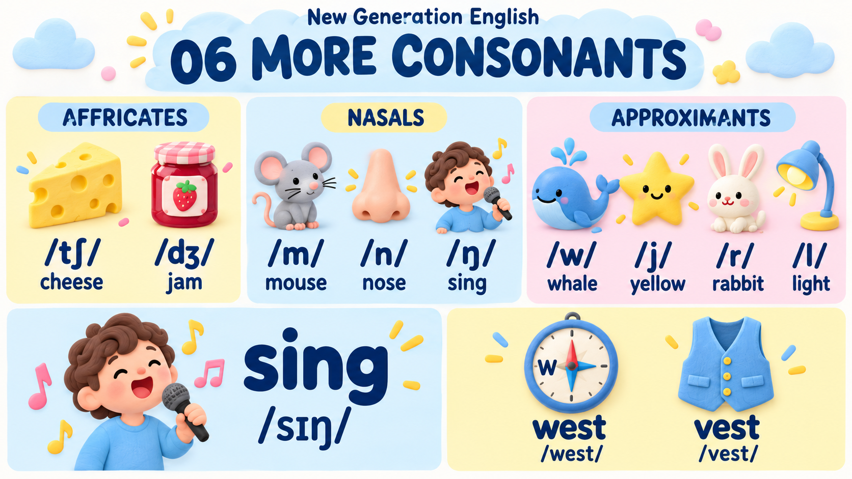 More consonants: /tʃ dʒ m n ŋ w j r l/ · cheese jam mouse nose sing whale yellow rabbit light · west vest pair