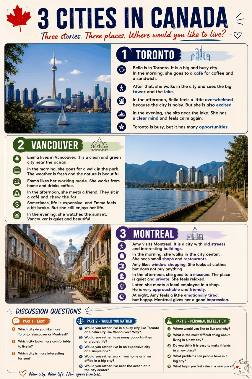 3 Cities in Canada poster: three stories of three women. Bella in Toronto — coffee shop, lake, overwhelmed, opportunities. Emma in Vancouver — ocean, working remotely, quiet beauty. Amy in Montreal — old streets, window shopping, friendly museum, emotionally tired but happy.
