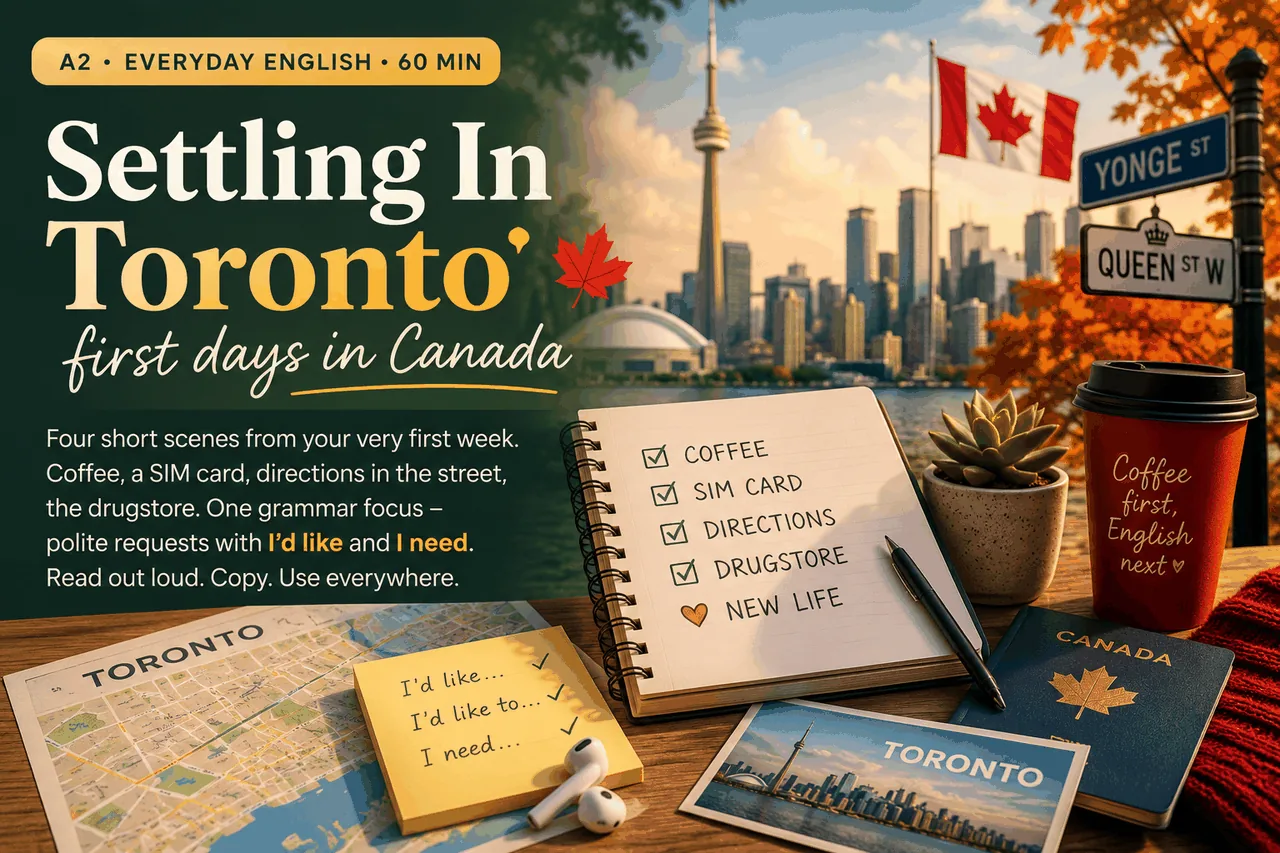 Settling In Toronto — first days in Canada. Hero banner: Toronto skyline with the CN Tower at golden hour, Yonge Street and Queen Street West signs, a Canadian flag, a planner with a checklist (coffee, SIM card, directions, drugstore, new life), sticky notes with I'd like / I'd like to / I need, a coffee cup, a Toronto postcard and a Canadian passport on a wooden table.