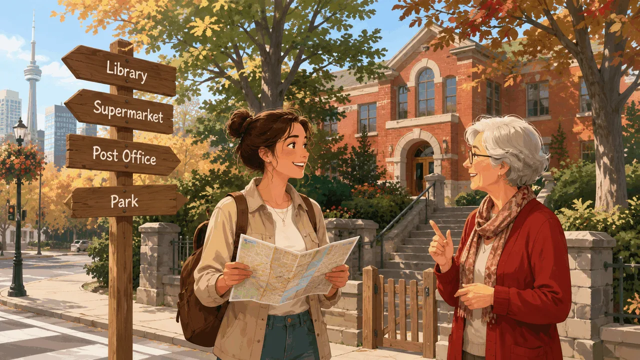 A young woman asking an elderly woman the way to the library — wooden signpost: Library / Supermarket / Post Office / Park, Toronto skyline behind.