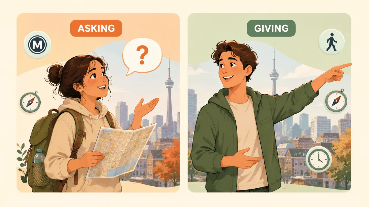 Split illustration · ASKING: woman with map and question bubble · GIVING: man pointing direction · Toronto skyline backdrop.