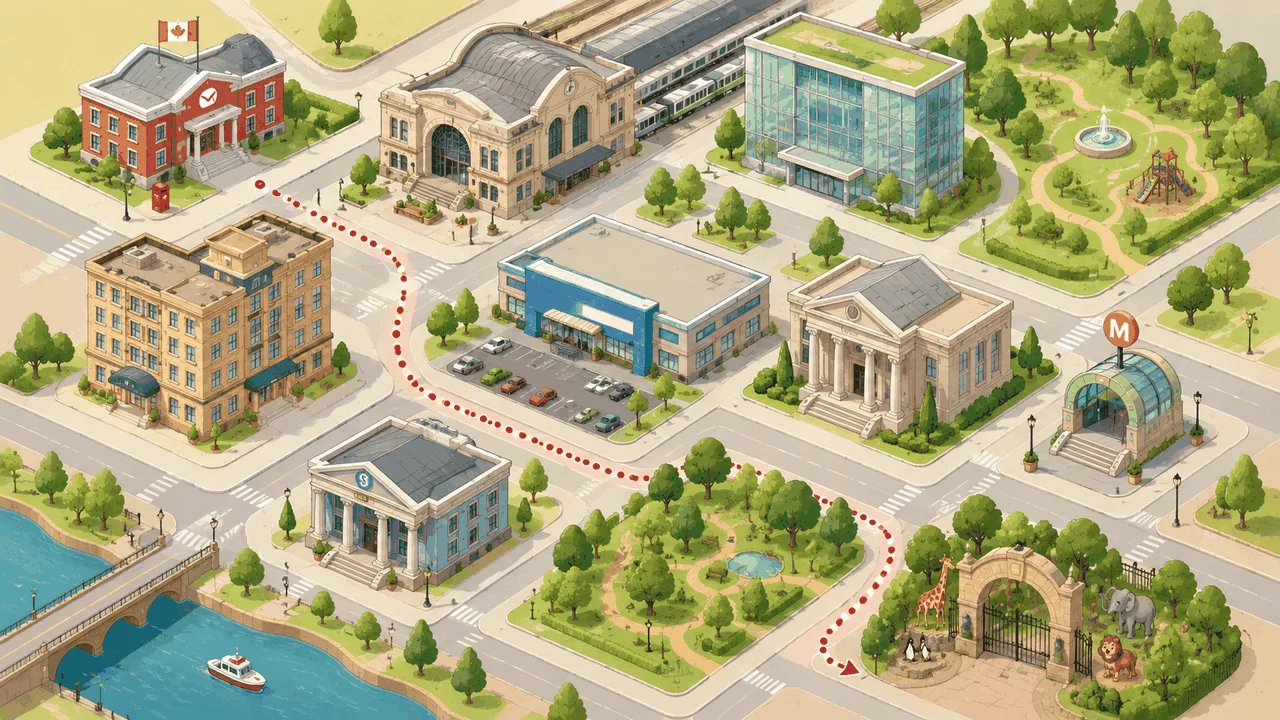 Top-down cartoon city map · Post Office, Train Station, Library, Bank, Metro, Park, Hotel, Zoo with dotted walking route.
