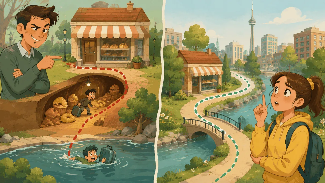 Split cartoon · LEFT: sly teacher giving absurd route — through a bakery tunnel + swimming the river. RIGHT: confused student with finger raised + sensible route over a bridge past the bakery.