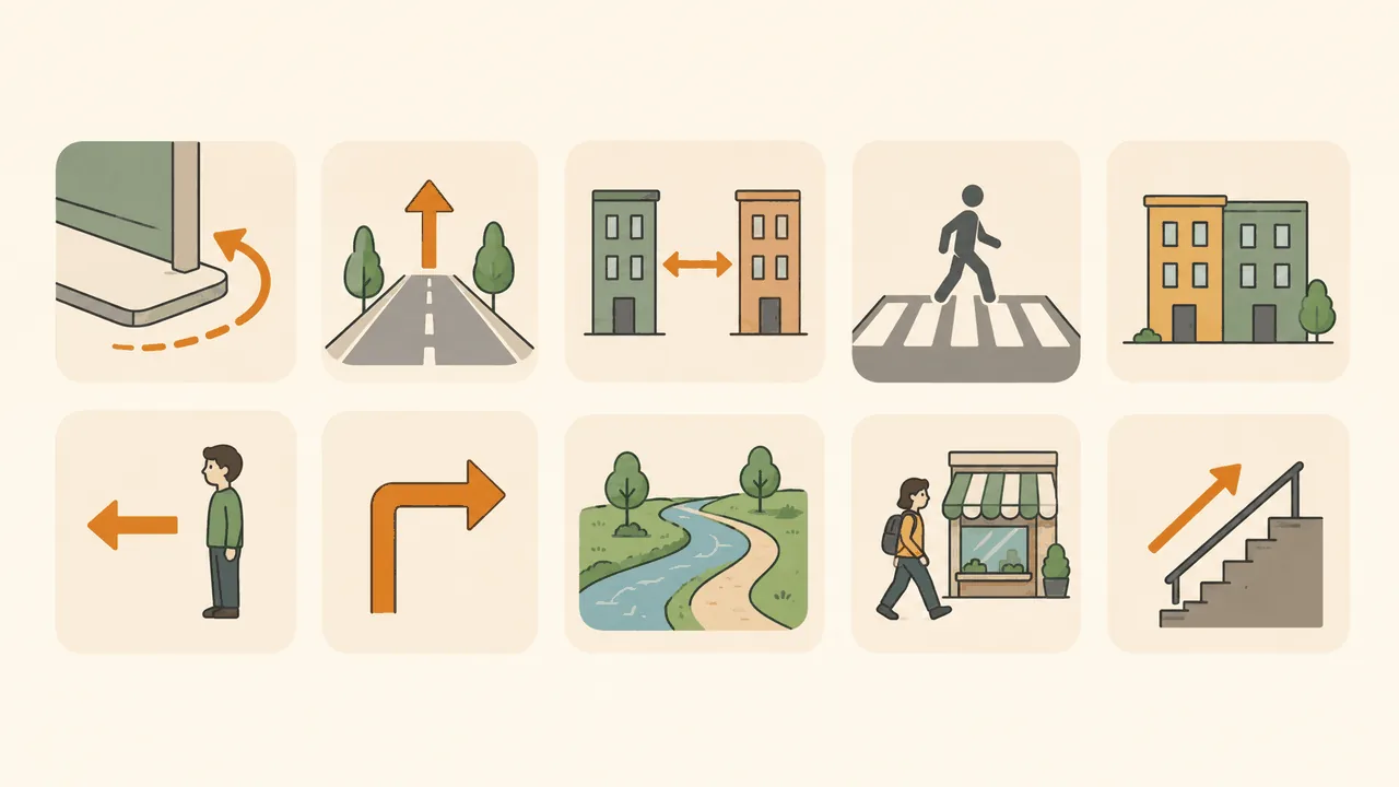 8 visual icons of prepositions: round the corner · straight ahead · between buildings · across the crossing · person on the left · turn right · river path · stairs up.
