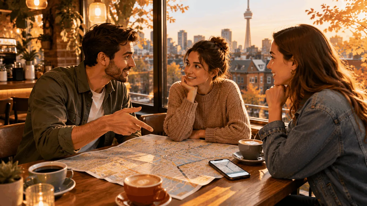 Three friends at a cozy café table with an unfolded map and phone showing Google Maps · Toronto skyline at golden hour through the window.