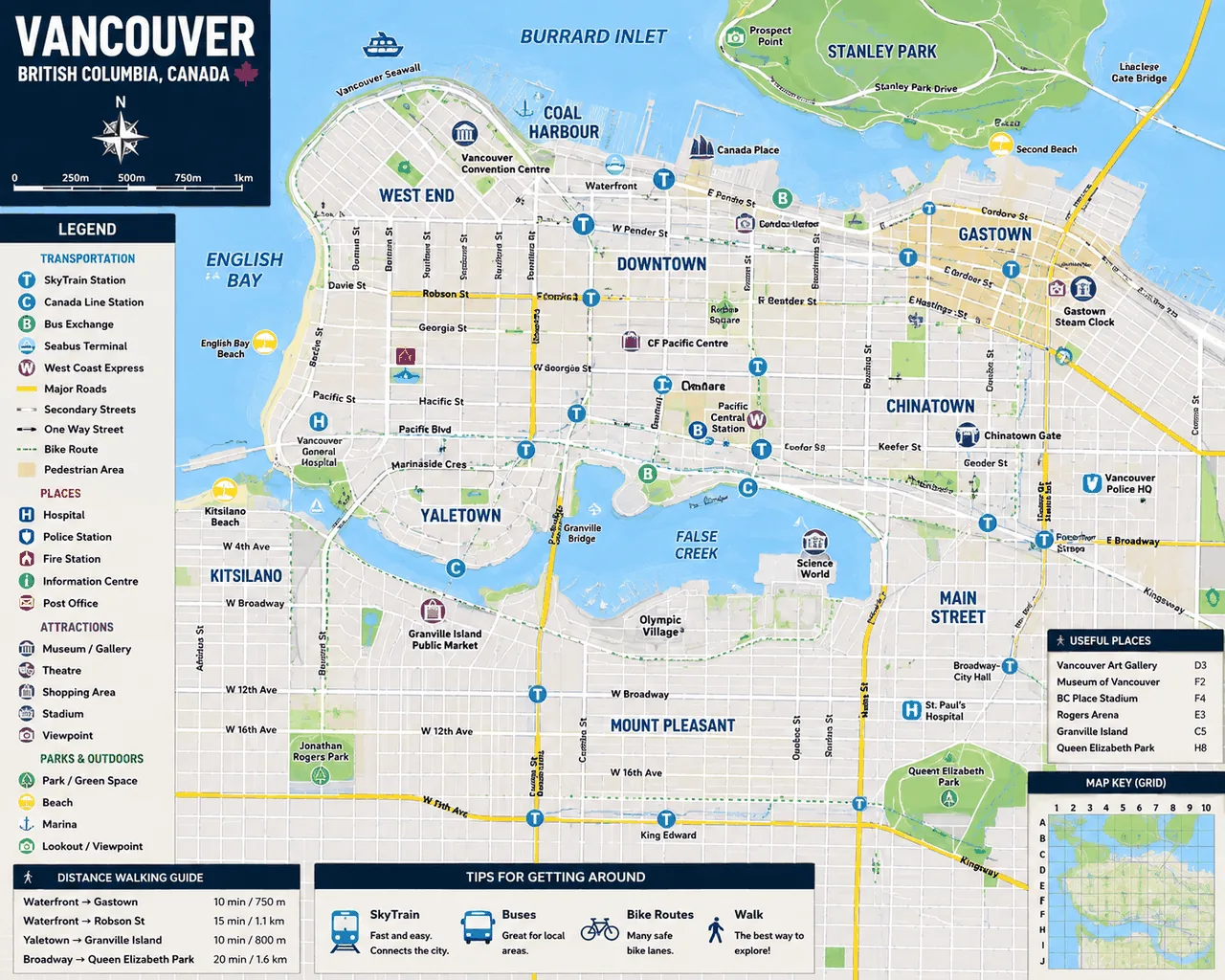 Detailed map of Downtown Vancouver showing neighbourhoods (Coal Harbour, Downtown, Gastown, Chinatown, Yaletown, Kitsilano, West End, Mount Pleasant) with SkyTrain, Canada Line and Bus routes, plus places like Stanley Park, Vancouver Convention Centre, Granville Island, Science World, Vancouver Police HQ, hospitals and museums