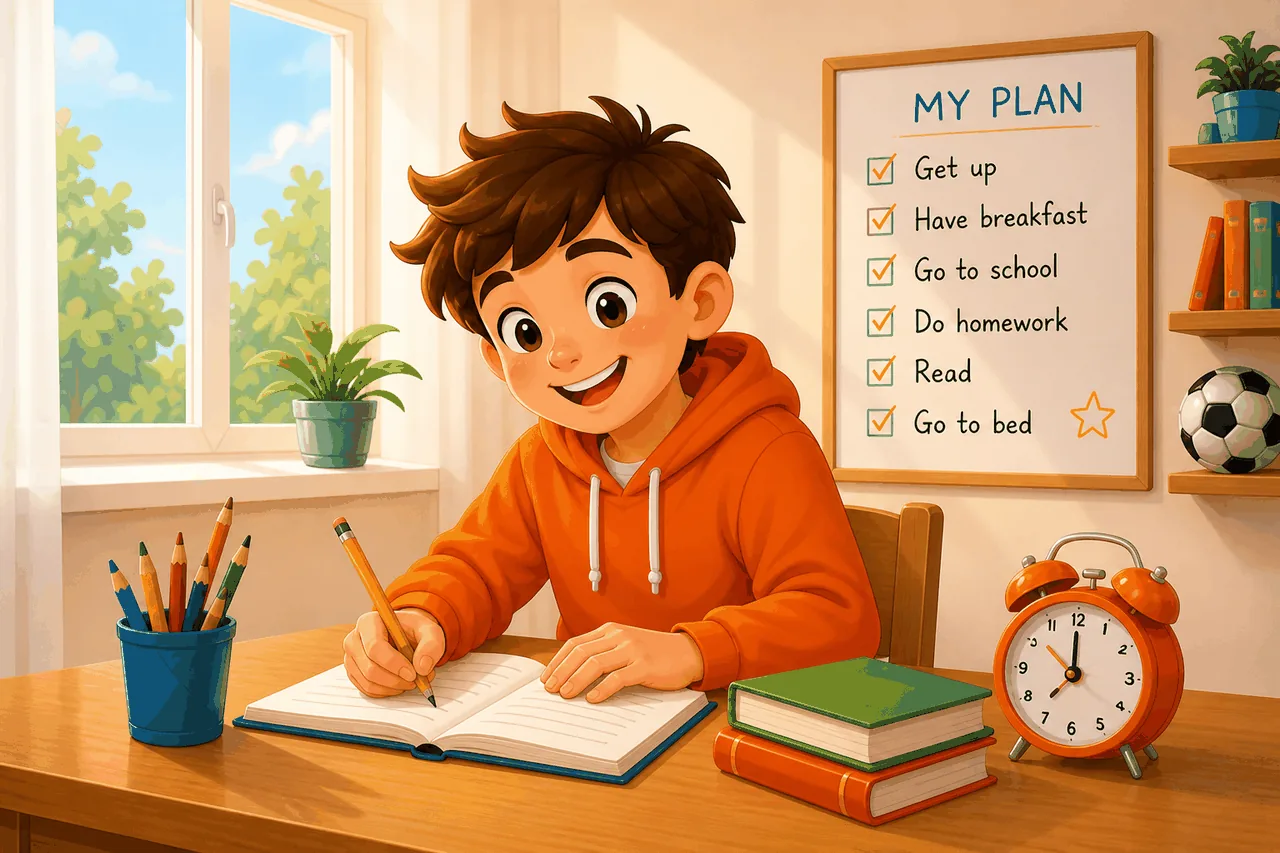 Kid planning a usual day in a bright study room