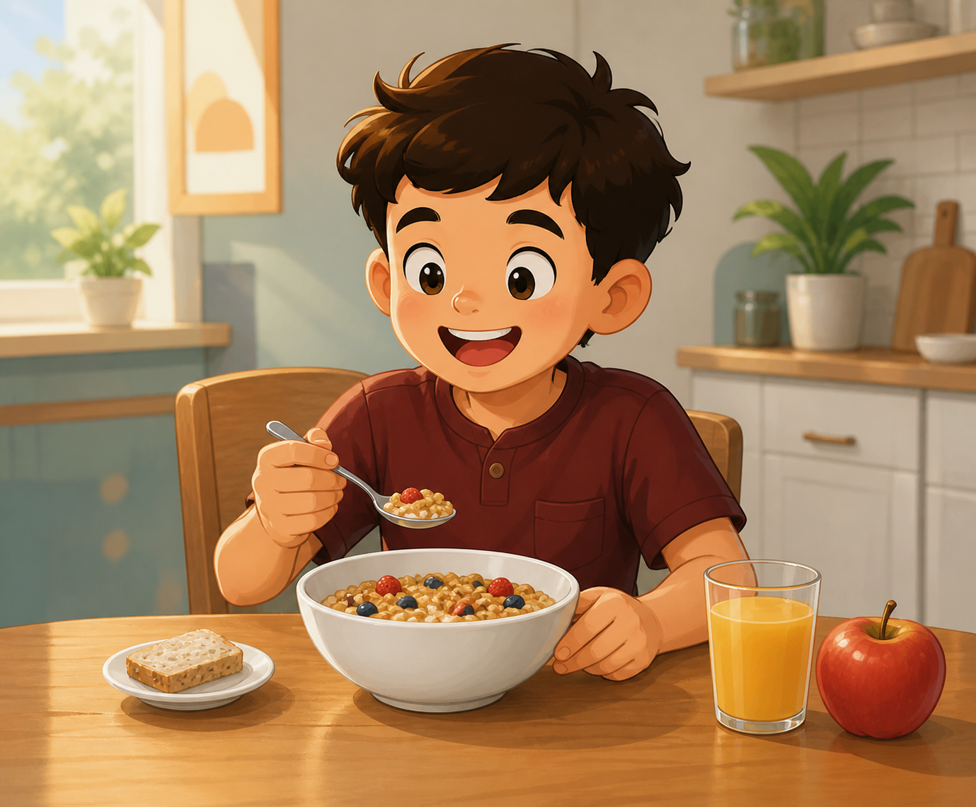 Alex has breakfast