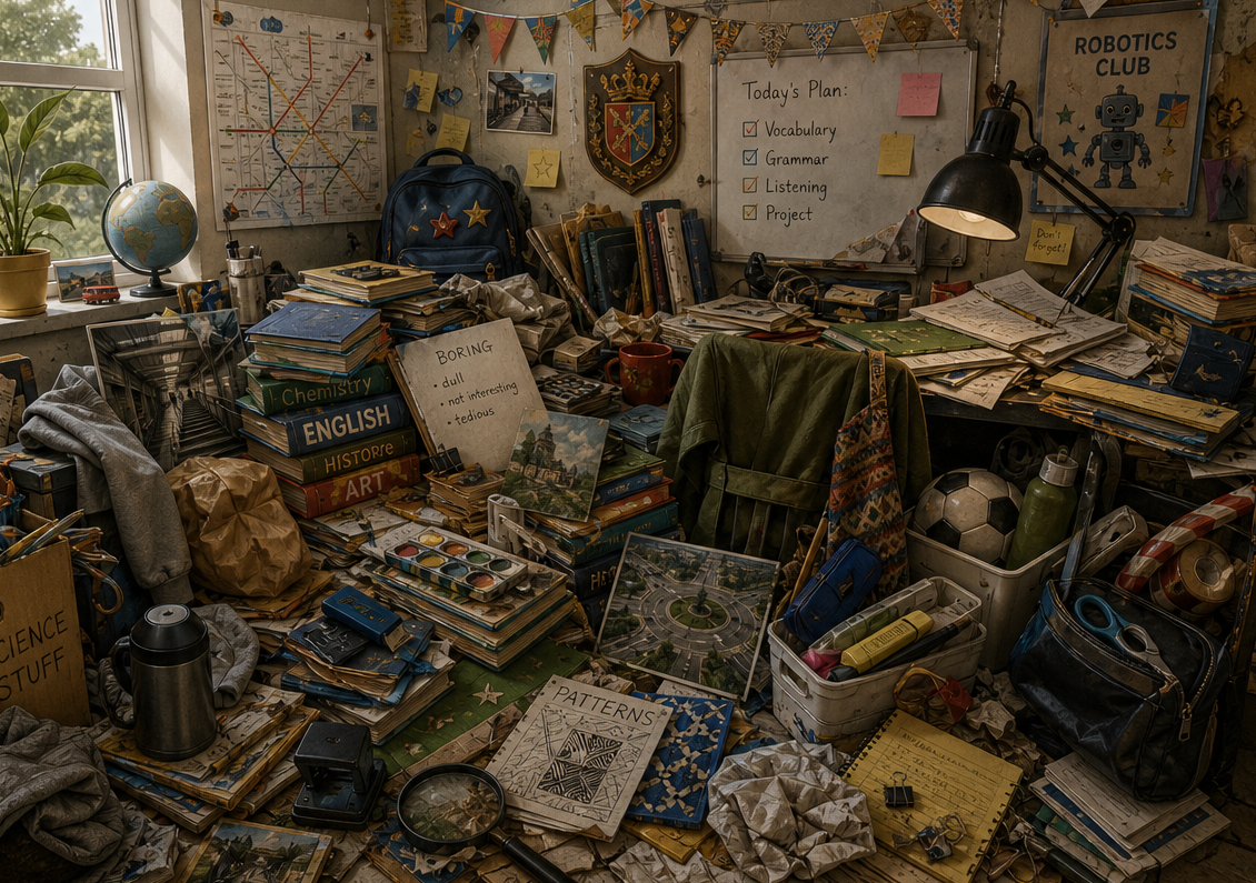 A cluttered student desk with school items hidden among books and papers
