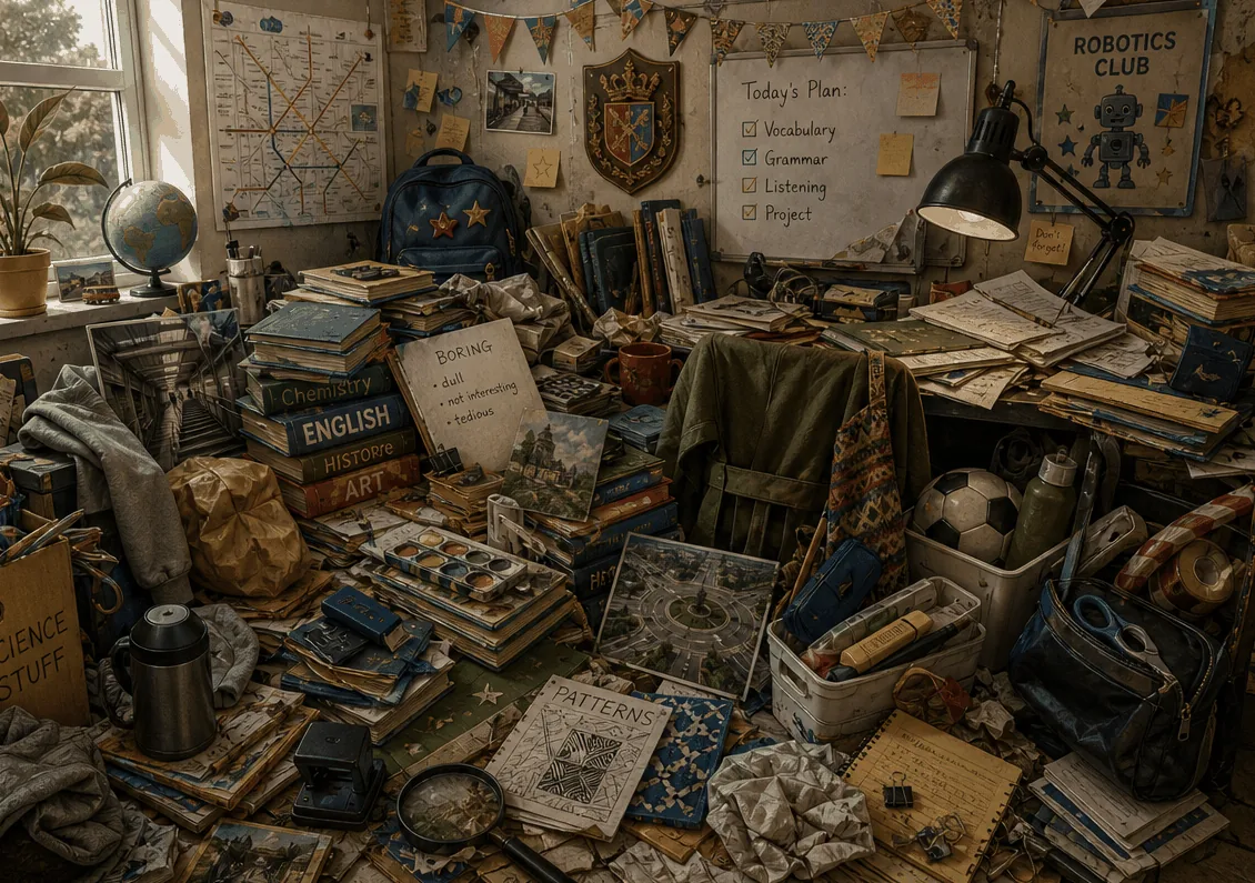 A cluttered student desk with school items hidden among books and papers