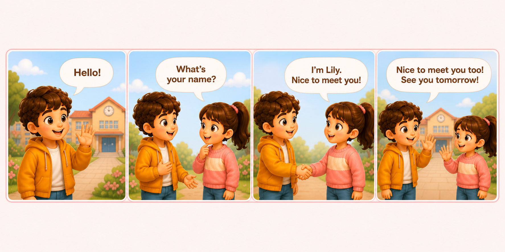 Comic strip: Hello! What's your name I'm Lily. See you tomorrow!