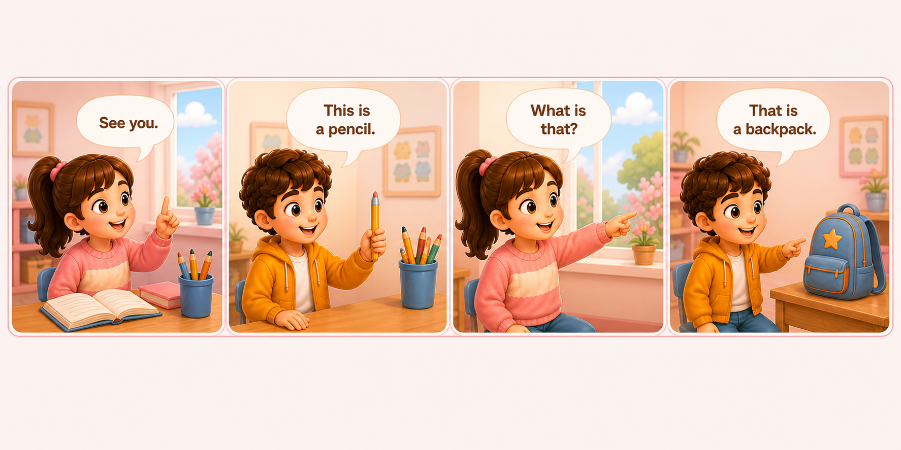 Comic strip: See you ? This is a pencil ? What is that ? That is a backpack