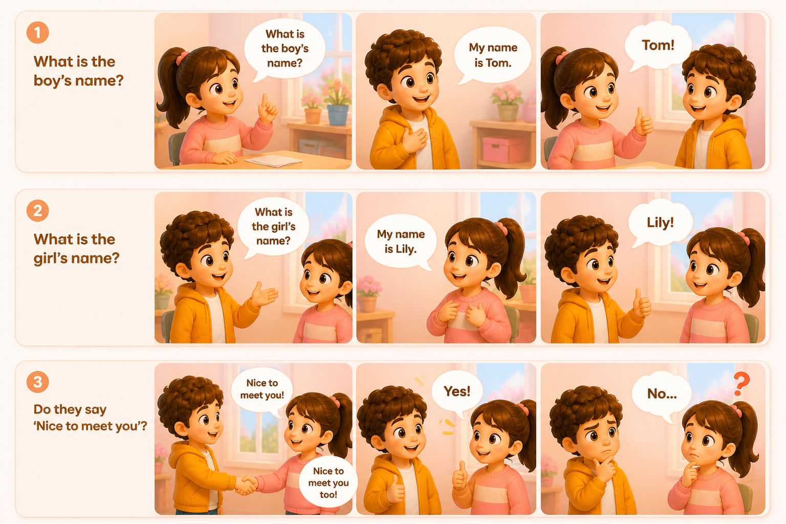 Three audio questions: boy's name, girl's name, do they say nice to meet you
