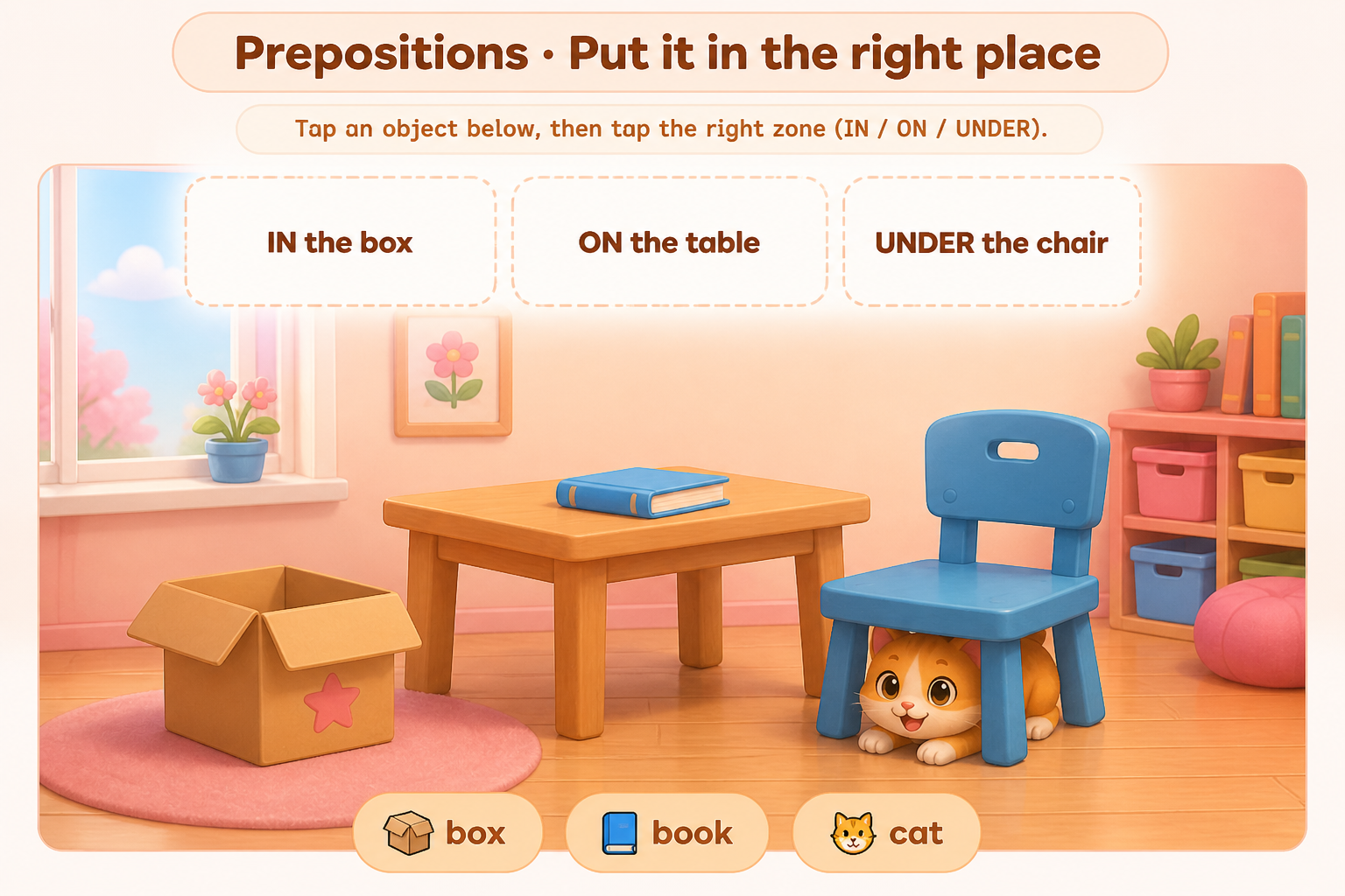 Room scene with box, table, chair and three zones IN, ON, UNDER