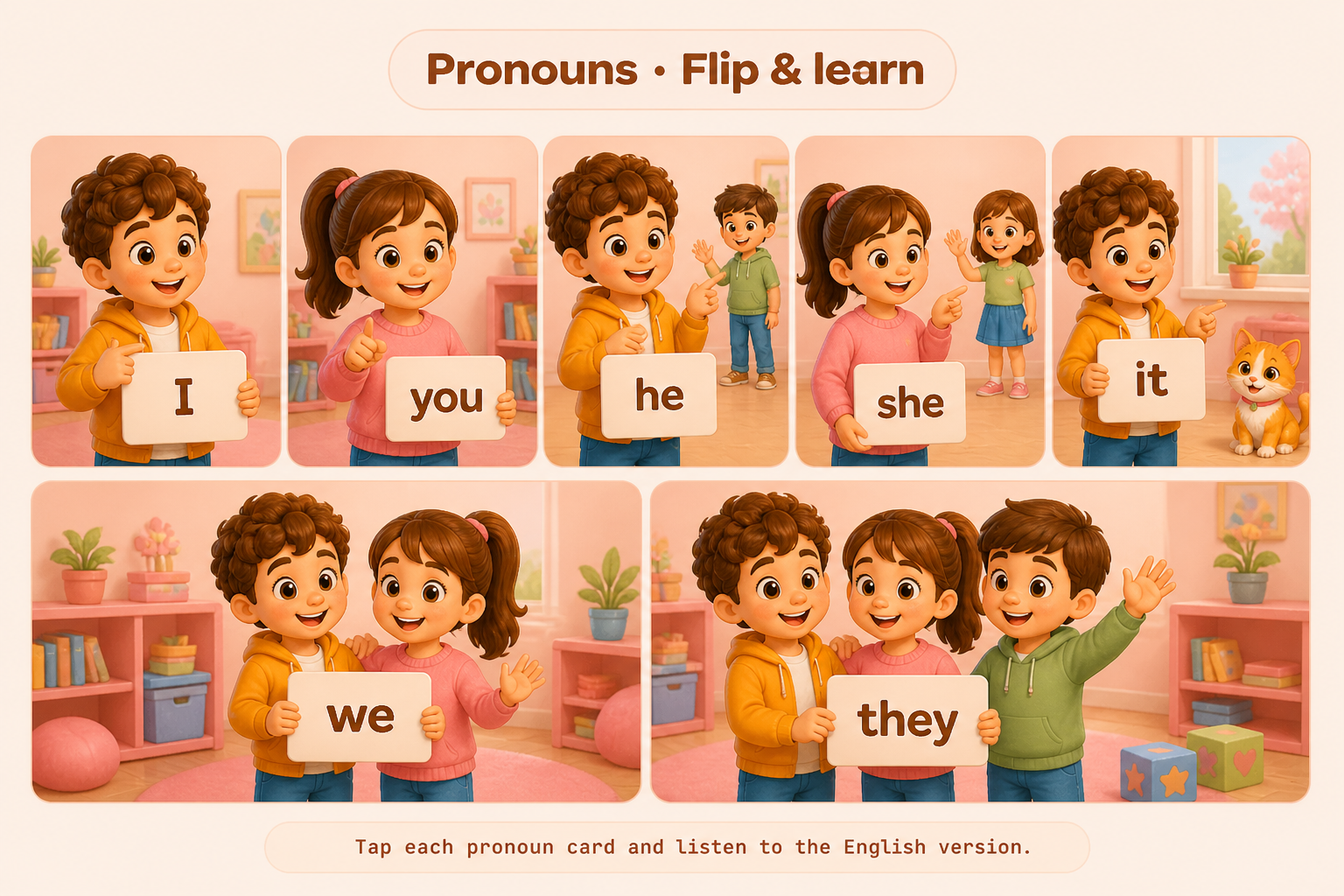 Pronoun cards: I, you, he, she, it, we, they