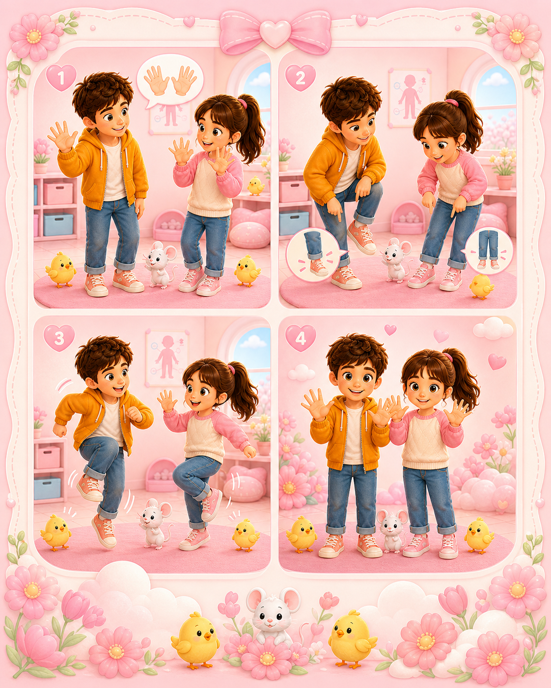 Four panels of two friends showing hands and saying hello