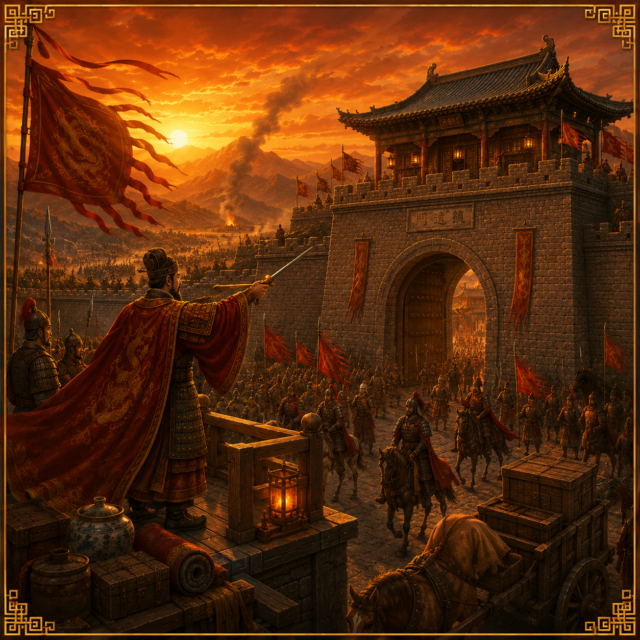 Ancient Chinese army by a city gate