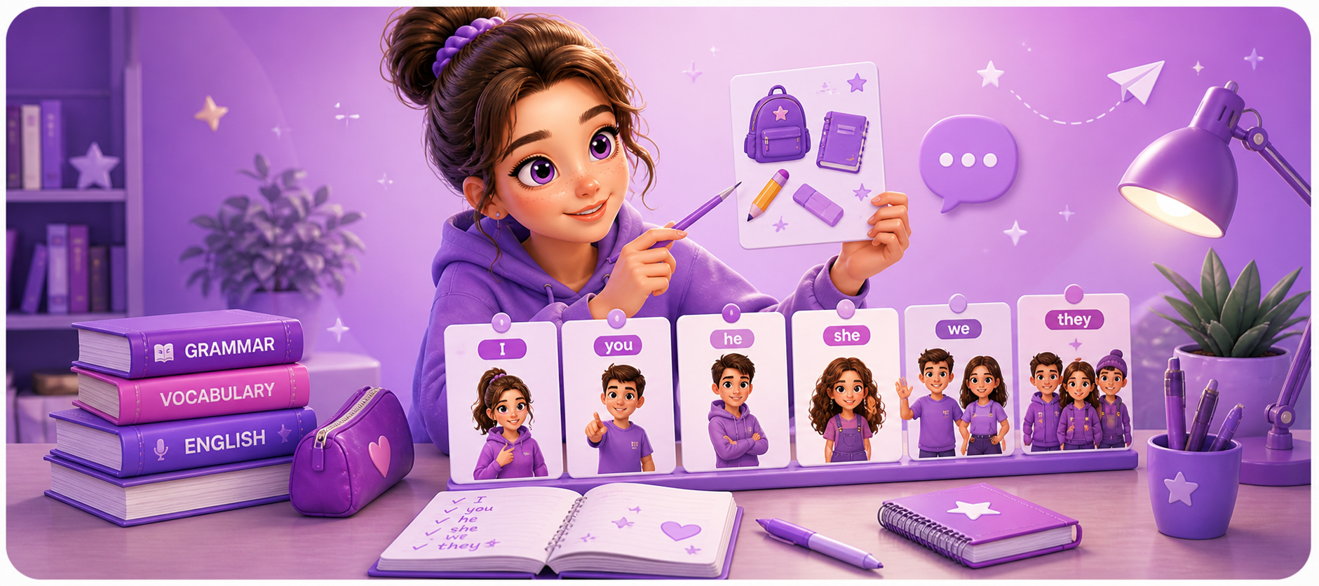 A purple LinguaBoost Lab scene with school vocabulary, grammar books and subject pronoun cards.