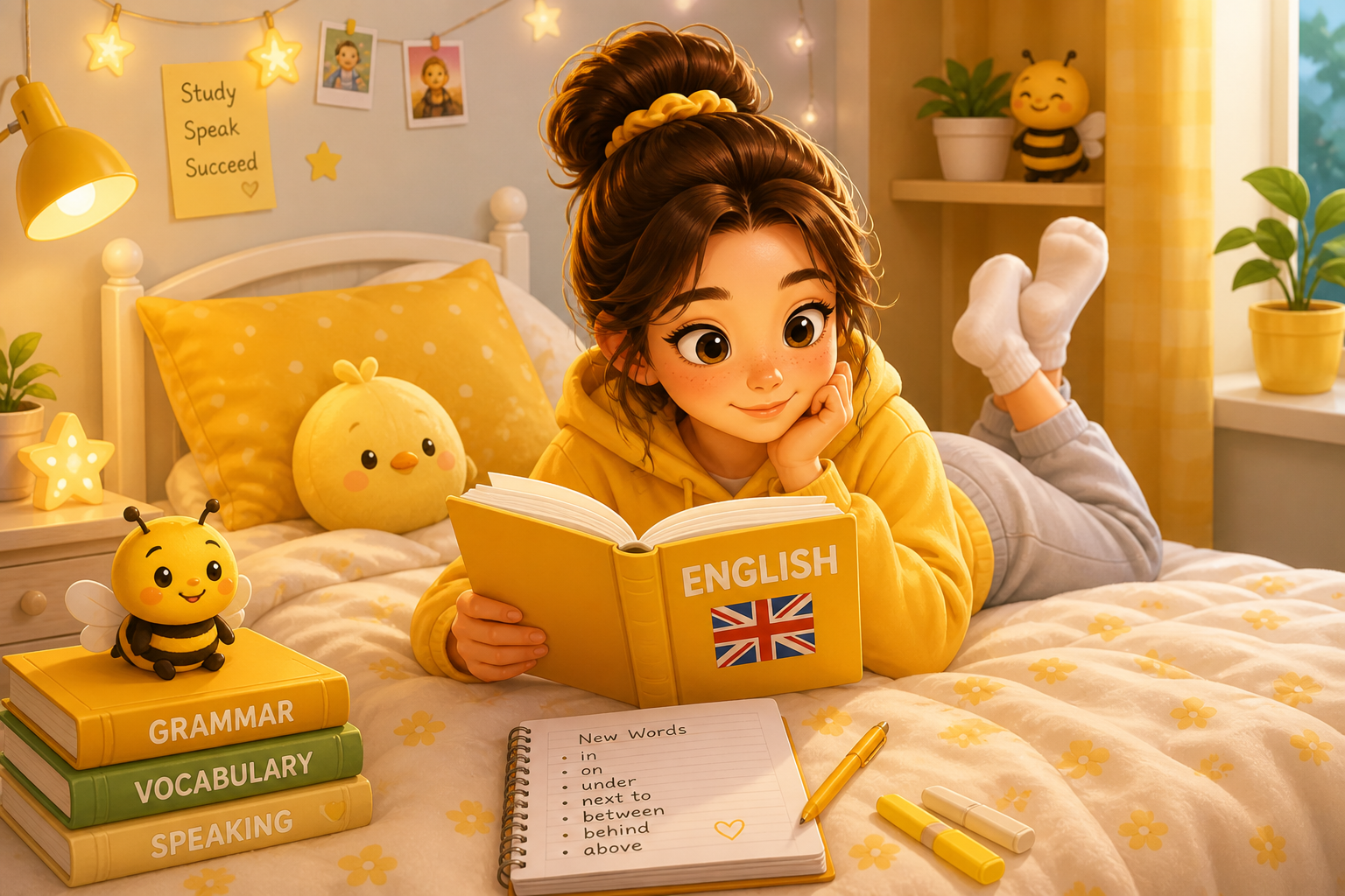 A student reading English words in a warm yellow bedroom