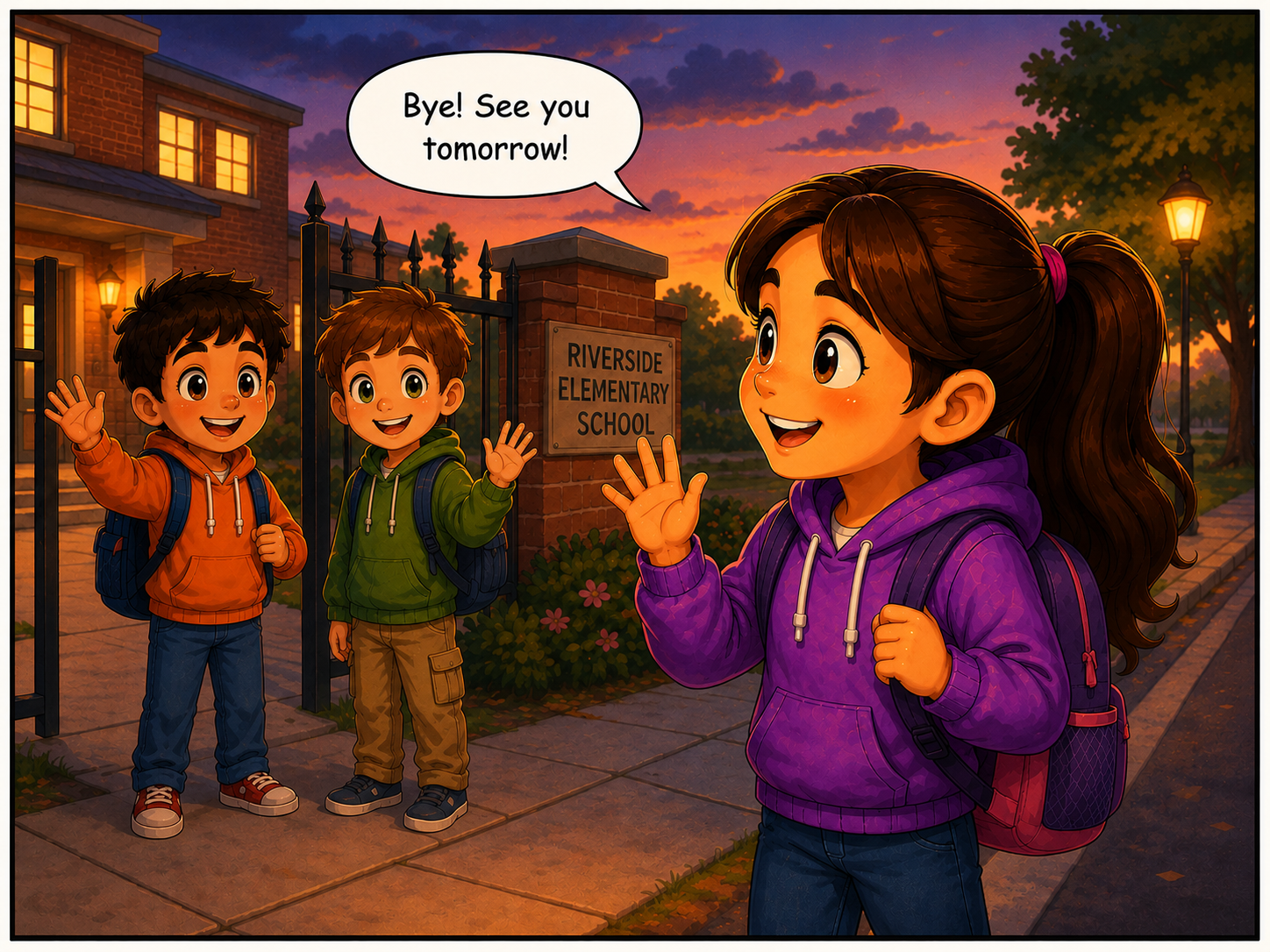 Julia waves goodbye to her friends at Riverside Elementary School at sunset.