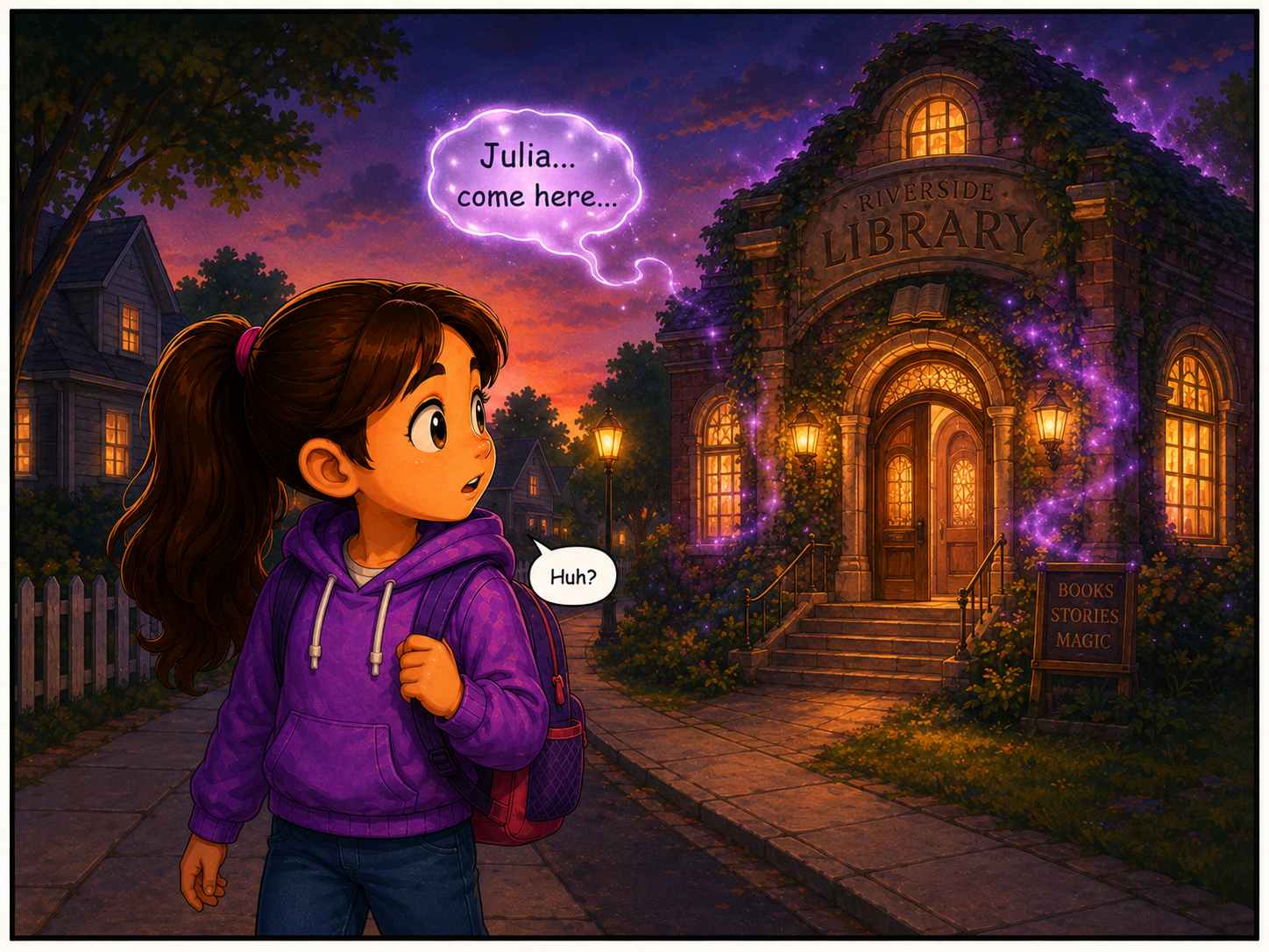 Julia walks home in the evening. A magical voice calls from the library.
