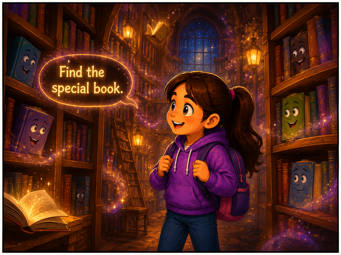 Smiling books on the shelves give Julia a mission.