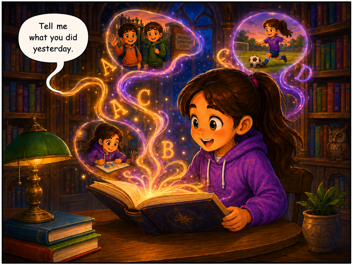 A magical book asks Julia to tell what she did yesterday.