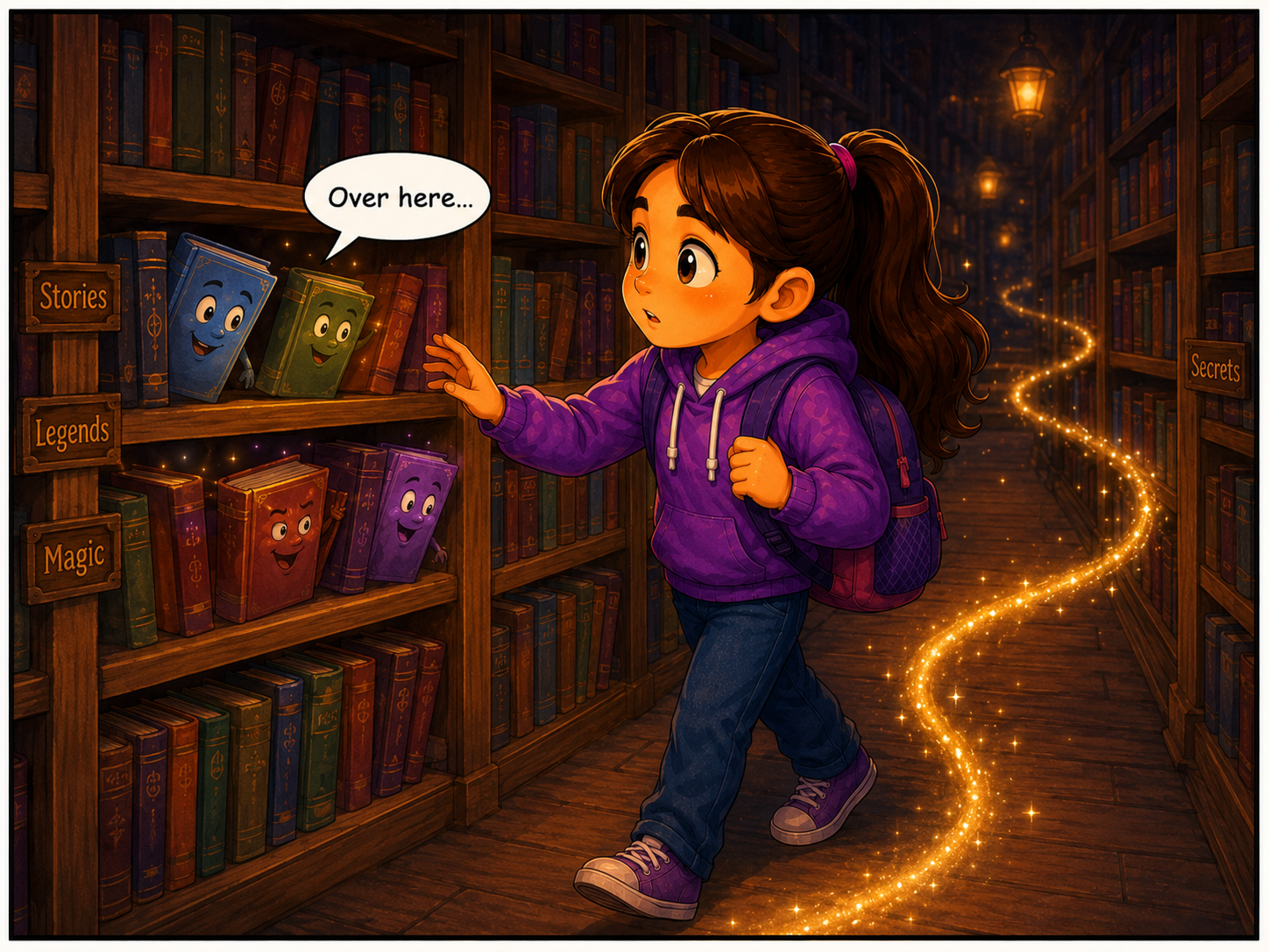 A glowing golden trail leads Julia between tall library shelves.