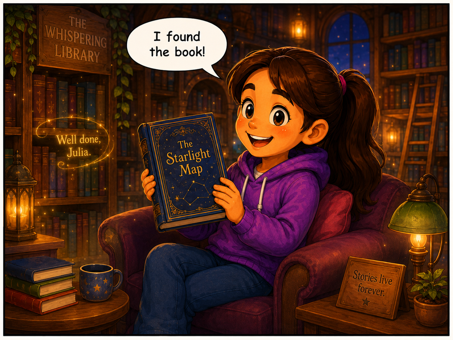 Julia sits in an armchair reading The Starlight Map.