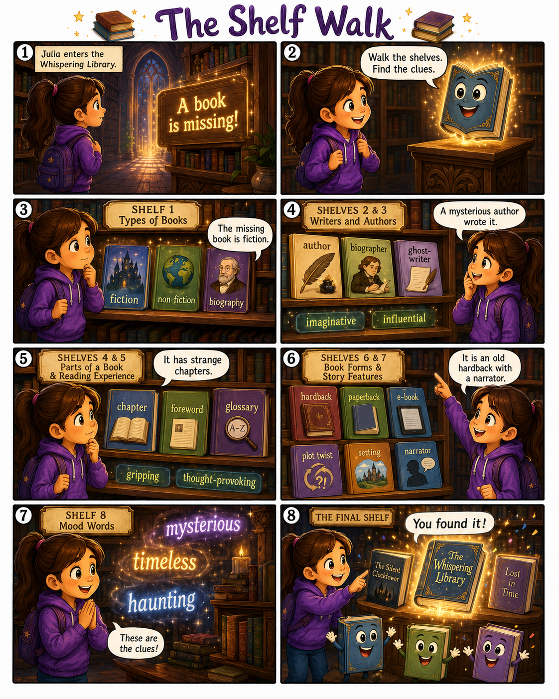 Julia stands by the whispering shelves and listens to the books — click to enlarge