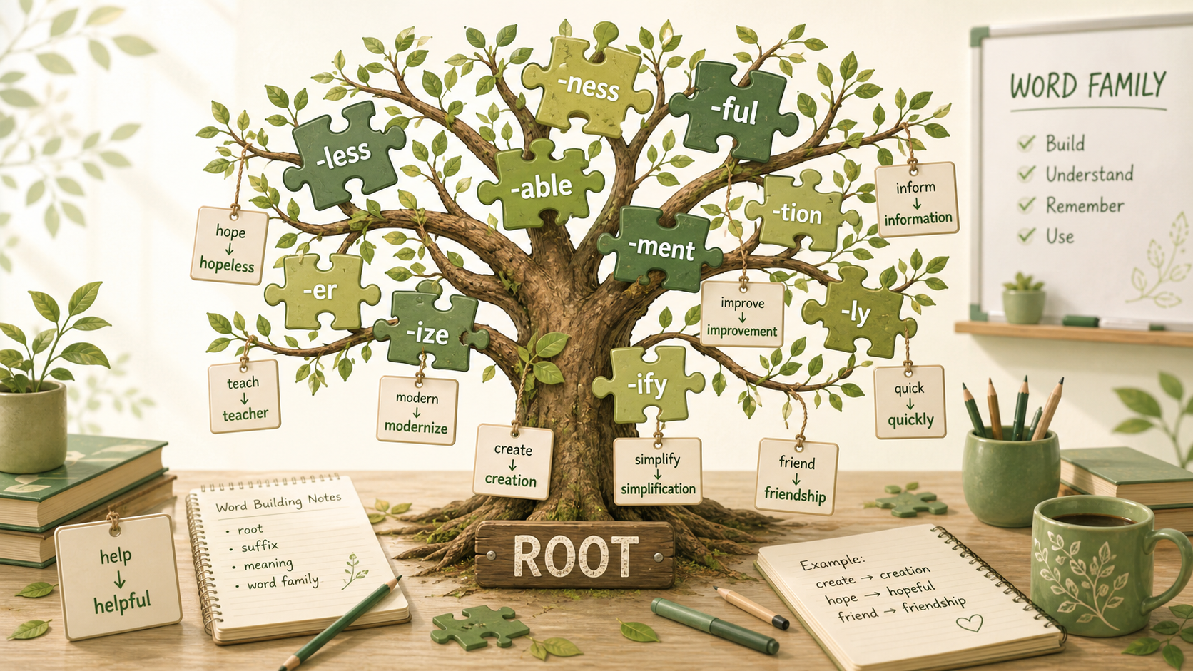 Illustration of a suffix tree where puzzle pieces grow on the branches